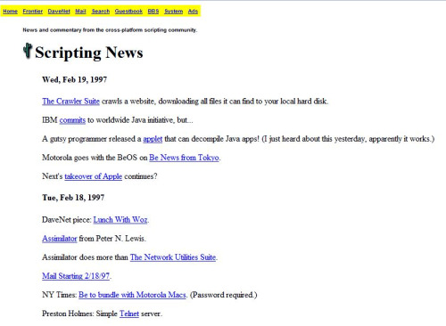 Scripting News, um dos blogs mais antigos de que se tem noticia, e sua aparência em 1997